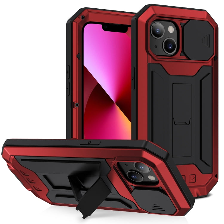 For iPhone 13 R-JUST Sliding Camera Shockproof Life Water-resistant Dust-proof Metal + Silicone Protective Case with Holder(Red)