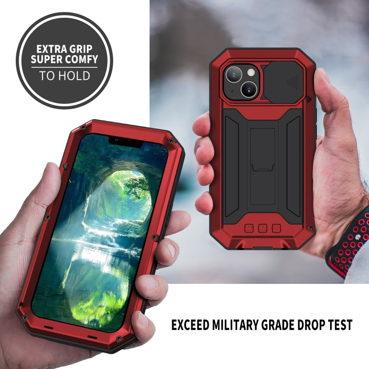 For iPhone 13 R-JUST Sliding Camera Shockproof Life Water-resistant Dust-proof Metal + Silicone Protective Case with Holder(Red)