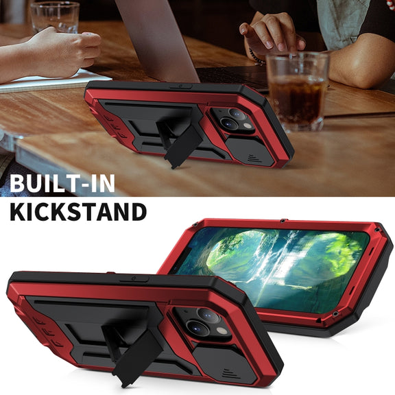 For iPhone 13 R-JUST Sliding Camera Shockproof Life Water-resistant Dust-proof Metal + Silicone Protective Case with Holder(Red)