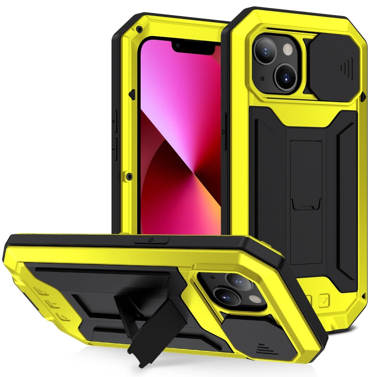 For iPhone 13 R-JUST Sliding Camera Shockproof Life Water-resistant Dust-proof Metal + Silicone Protective Case with Holder(Yellow)