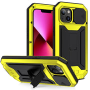 For iPhone 13 R-JUST Sliding Camera Shockproof Life Water-resistant Dust-proof Metal + Silicone Protective Case with Holder(Yellow)