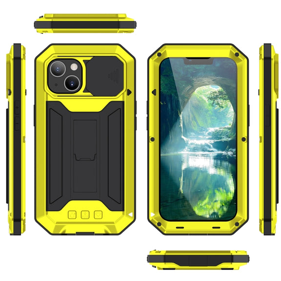 For iPhone 13 R-JUST Sliding Camera Shockproof Life Water-resistant Dust-proof Metal + Silicone Protective Case with Holder(Yellow)