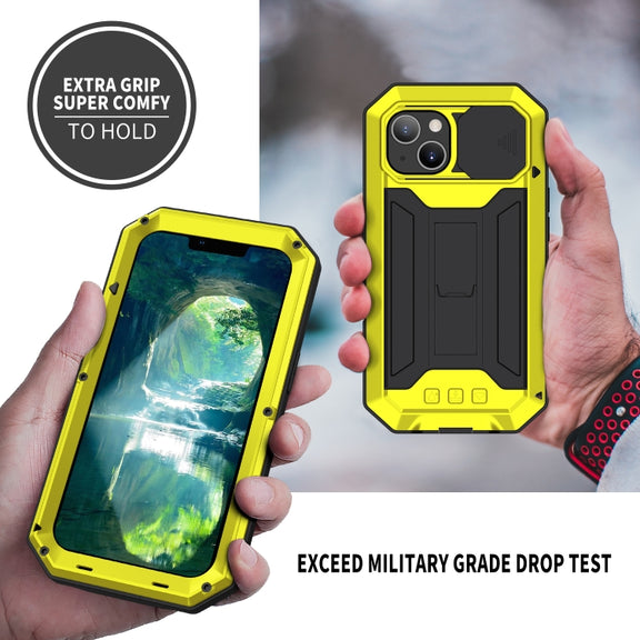 For iPhone 13 R-JUST Sliding Camera Shockproof Life Water-resistant Dust-proof Metal + Silicone Protective Case with Holder(Yellow)