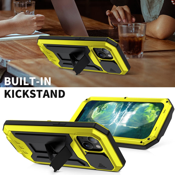 For iPhone 13 R-JUST Sliding Camera Shockproof Life Water-resistant Dust-proof Metal + Silicone Protective Case with Holder(Yellow)