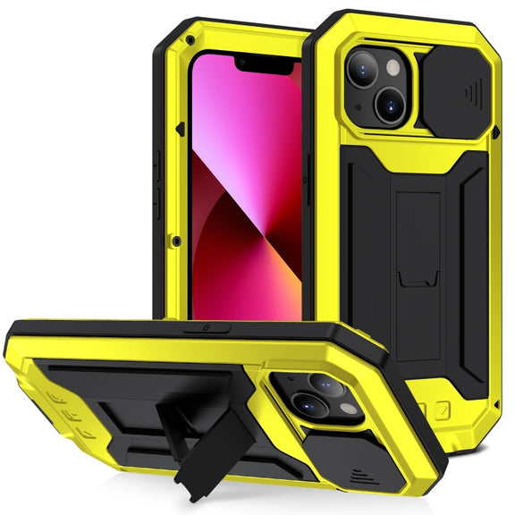 For iPhone 13 R-JUST Sliding Camera Shockproof Life Water-resistant Dust-proof Metal + Silicone Protective Case with Holder(Yellow)