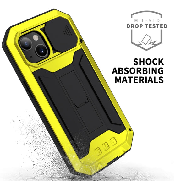 For iPhone 13 R-JUST Sliding Camera Shockproof Life Water-resistant Dust-proof Metal + Silicone Protective Case with Holder(Yellow)