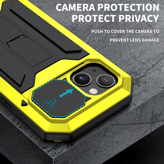 For iPhone 13 R-JUST Sliding Camera Shockproof Life Water-resistant Dust-proof Metal + Silicone Protective Case with Holder(Yellow)