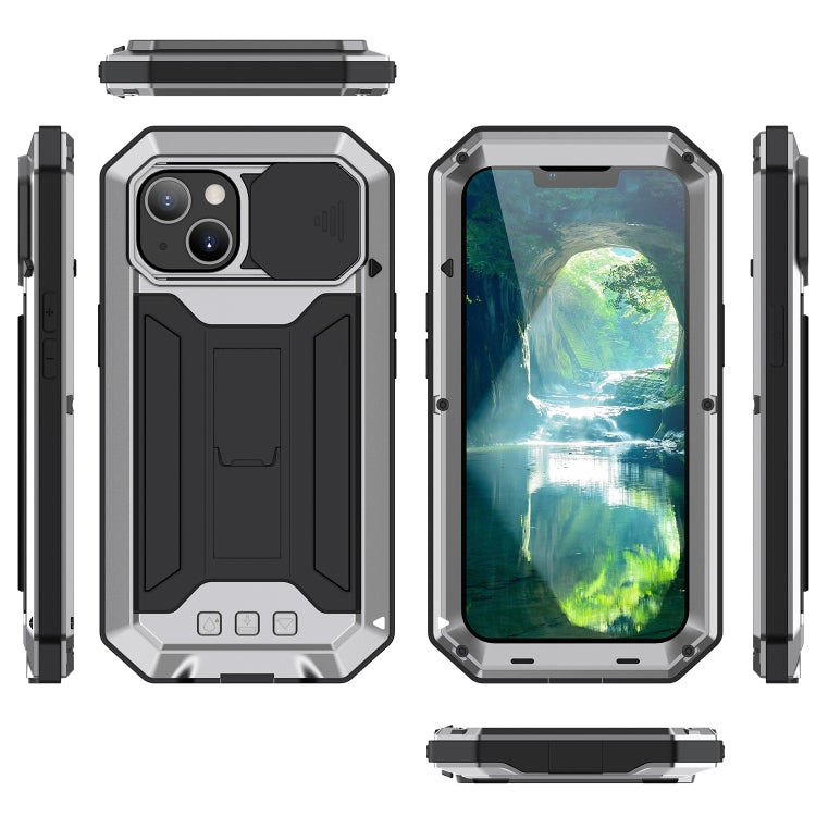 For iPhone 13 R-JUST Sliding Camera Shockproof Life Water-resistant Dust-proof Metal + Silicone Protective Case with Holder(Silver)