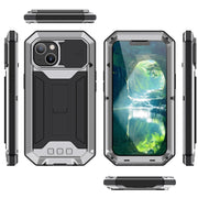 For iPhone 13 R-JUST Sliding Camera Shockproof Life Water-resistant Dust-proof Metal + Silicone Protective Case with Holder(Silver)