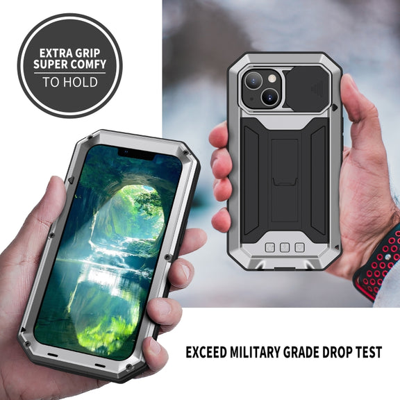 For iPhone 13 R-JUST Sliding Camera Shockproof Life Water-resistant Dust-proof Metal + Silicone Protective Case with Holder(Silver)