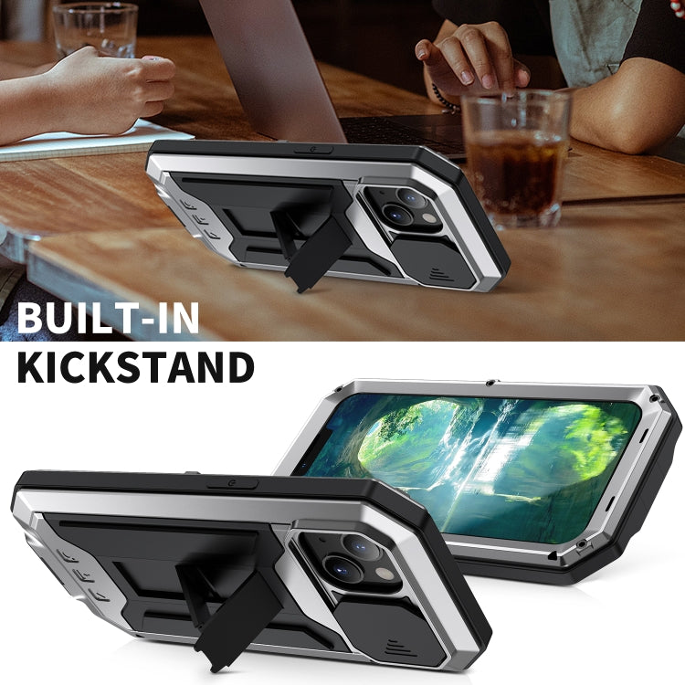 For iPhone 13 R-JUST Sliding Camera Shockproof Life Water-resistant Dust-proof Metal + Silicone Protective Case with Holder(Silver)