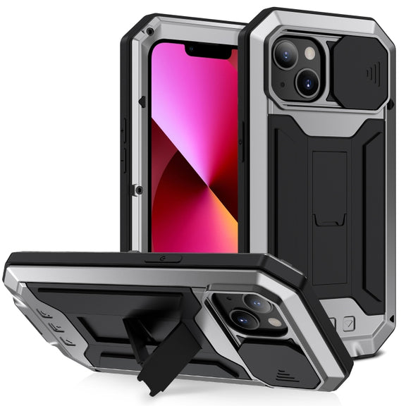 For iPhone 13 R-JUST Sliding Camera Shockproof Life Water-resistant Dust-proof Metal + Silicone Protective Case with Holder(Silver)