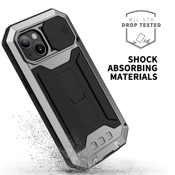 For iPhone 13 R-JUST Sliding Camera Shockproof Life Water-resistant Dust-proof Metal + Silicone Protective Case with Holder(Silver)