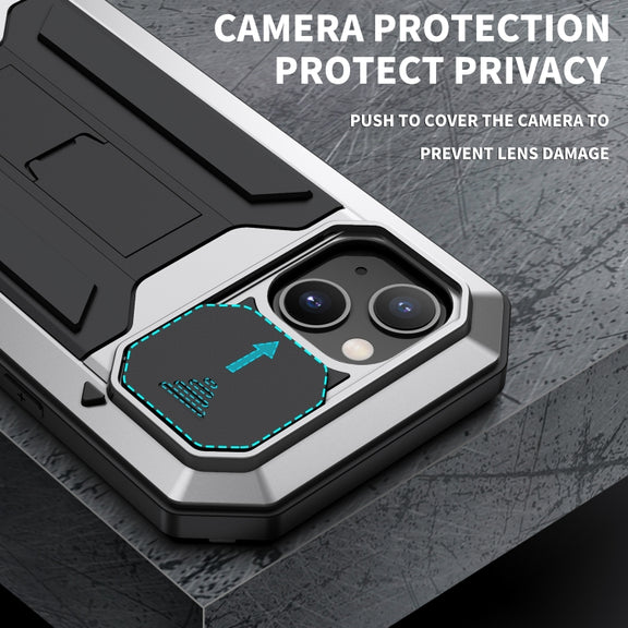 For iPhone 13 R-JUST Sliding Camera Shockproof Life Water-resistant Dust-proof Metal + Silicone Protective Case with Holder(Silver)