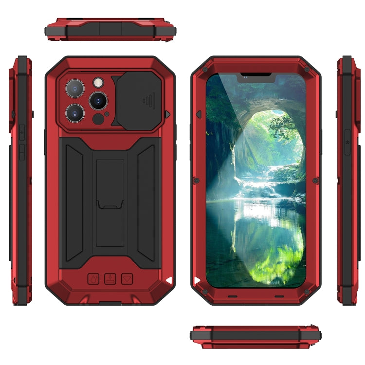 For iPhone 13 Pro R-JUST Sliding Camera Shockproof Life Water-resistant Dust-proof Metal + Silicone Protective Case with Holder (Red)