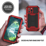 For iPhone 13 Pro R-JUST Sliding Camera Shockproof Life Water-resistant Dust-proof Metal + Silicone Protective Case with Holder (Red)