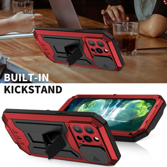 For iPhone 13 Pro R-JUST Sliding Camera Shockproof Life Water-resistant Dust-proof Metal + Silicone Protective Case with Holder (Red)