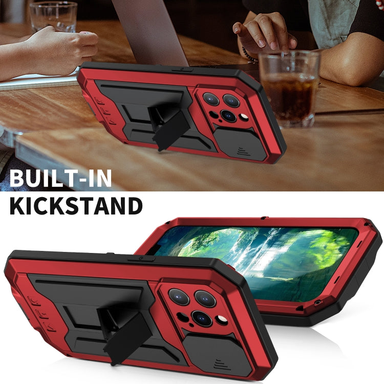 For iPhone 13 Pro R-JUST Sliding Camera Shockproof Life Water-resistant Dust-proof Metal + Silicone Protective Case with Holder (Red)