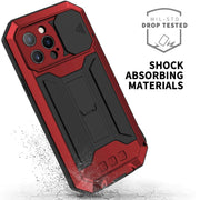 For iPhone 13 Pro R-JUST Sliding Camera Shockproof Life Water-resistant Dust-proof Metal + Silicone Protective Case with Holder (Red)