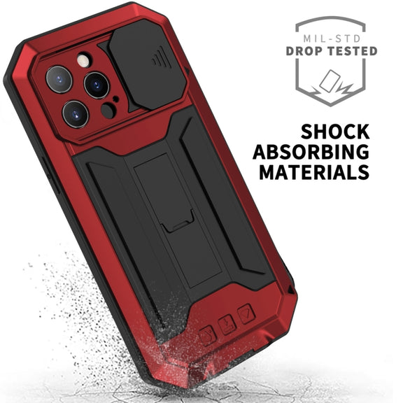 For iPhone 13 Pro R-JUST Sliding Camera Shockproof Life Water-resistant Dust-proof Metal + Silicone Protective Case with Holder (Red)