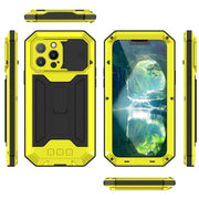 For iPhone 13 Pro R-JUST Sliding Camera Shockproof Life Water-resistant Dust-proof Metal + Silicone Protective Case with Holder (Yellow)
