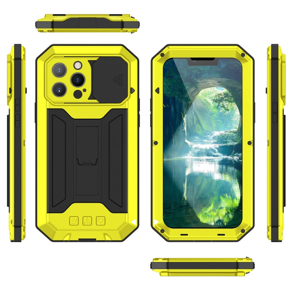 For iPhone 13 Pro Max R-JUST Sliding Camera Shockproof Life Water-resistant Dust-proof Metal + Silicone Protective Case with Holder (Yellow)