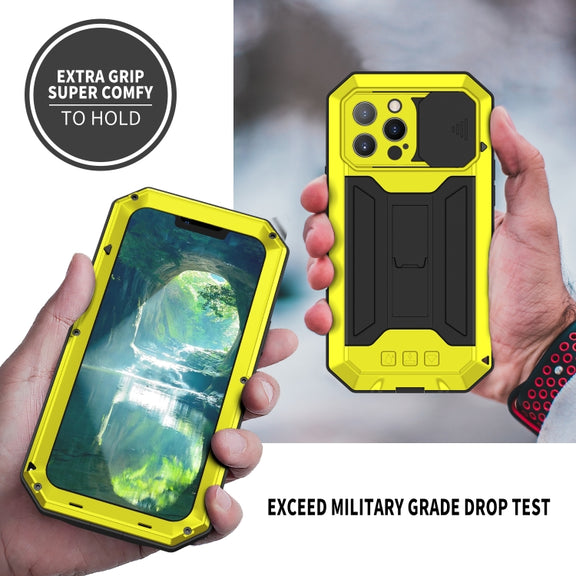 For iPhone 13 Pro Max R-JUST Sliding Camera Shockproof Life Water-resistant Dust-proof Metal + Silicone Protective Case with Holder (Yellow)