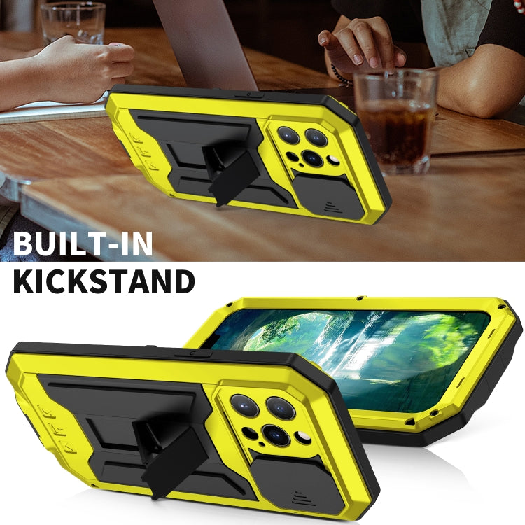 For iPhone 13 Pro Max R-JUST Sliding Camera Shockproof Life Water-resistant Dust-proof Metal + Silicone Protective Case with Holder (Yellow)