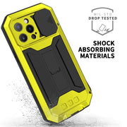 For iPhone 13 Pro Max R-JUST Sliding Camera Shockproof Life Water-resistant Dust-proof Metal + Silicone Protective Case with Holder (Yellow)
