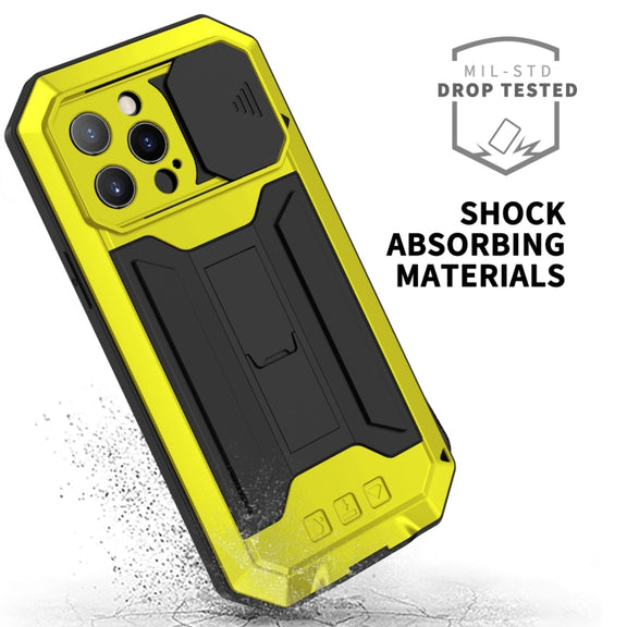 For iPhone 13 Pro Max R-JUST Sliding Camera Shockproof Life Water-resistant Dust-proof Metal + Silicone Protective Case with Holder (Yellow)