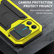 For iPhone 13 Pro Max R-JUST Sliding Camera Shockproof Life Water-resistant Dust-proof Metal + Silicone Protective Case with Holder (Yellow)