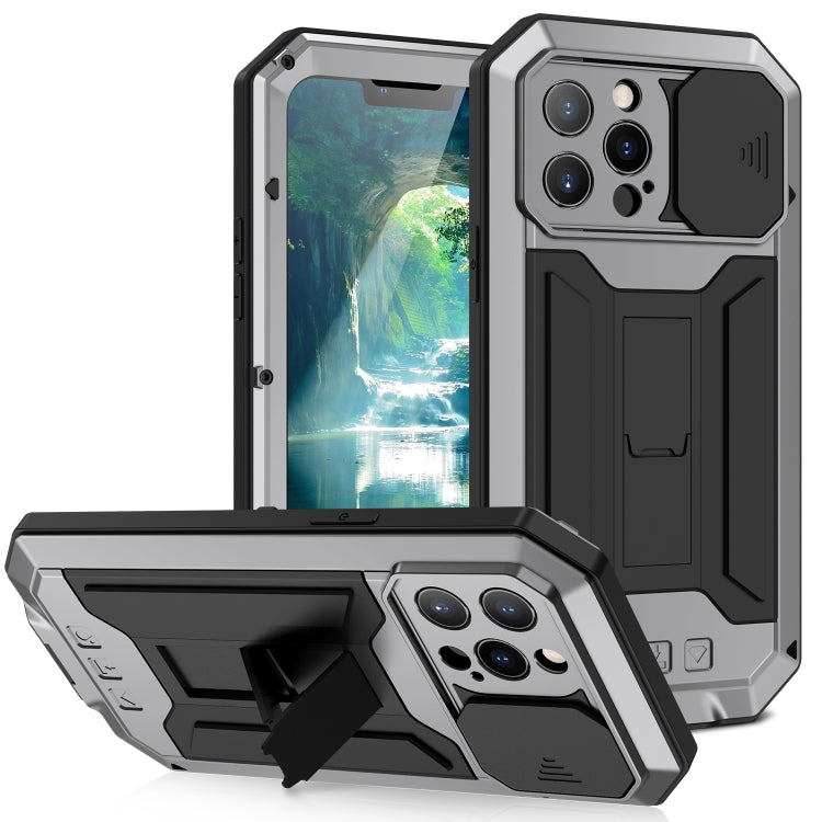 For iPhone 13 Pro Max R-JUST Sliding Camera Shockproof Life Water-resistant Dust-proof Metal + Silicone Protective Case with Holder (Silver)