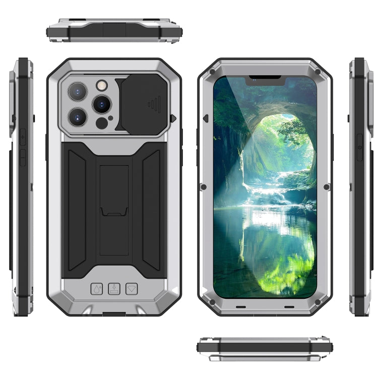For iPhone 13 Pro Max R-JUST Sliding Camera Shockproof Life Water-resistant Dust-proof Metal + Silicone Protective Case with Holder (Silver)