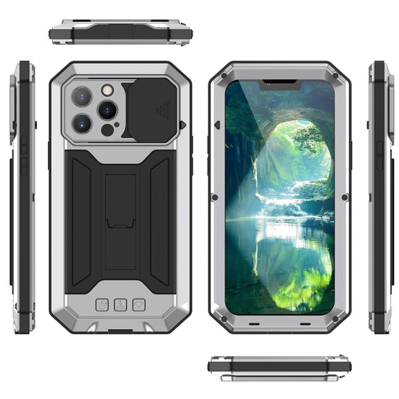 For iPhone 13 Pro Max R-JUST Sliding Camera Shockproof Life Water-resistant Dust-proof Metal + Silicone Protective Case with Holder (Silver)
