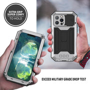 For iPhone 13 Pro Max R-JUST Sliding Camera Shockproof Life Water-resistant Dust-proof Metal + Silicone Protective Case with Holder (Silver)