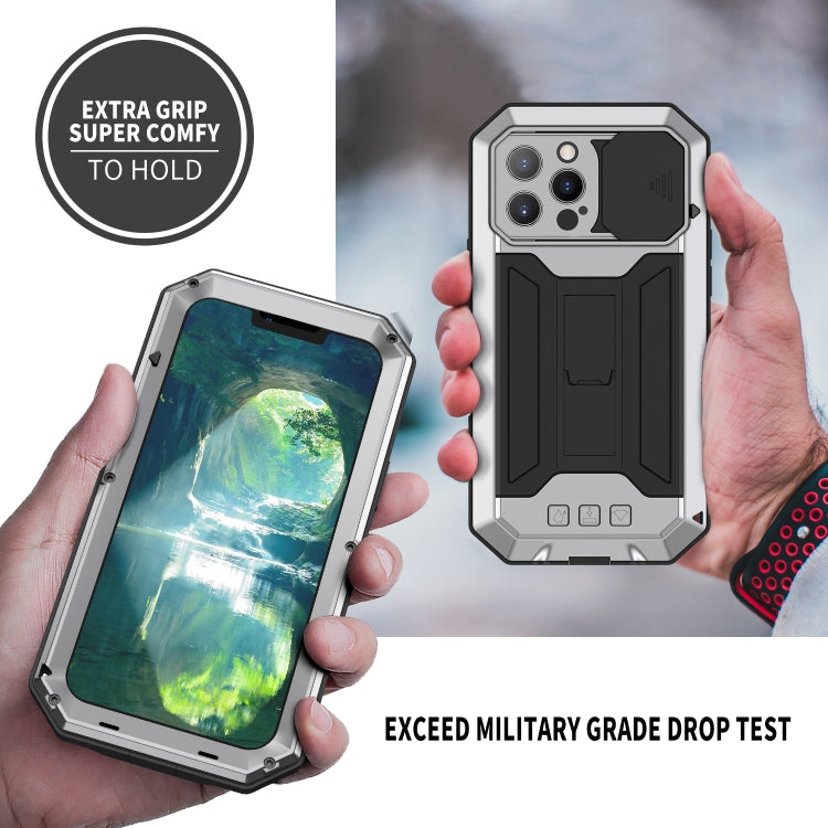 For iPhone 13 Pro Max R-JUST Sliding Camera Shockproof Life Water-resistant Dust-proof Metal + Silicone Protective Case with Holder (Silver)