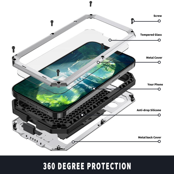 For iPhone 13 Pro Max R-JUST Sliding Camera Shockproof Life Water-resistant Dust-proof Metal + Silicone Protective Case with Holder (Silver)