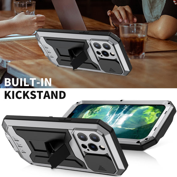 For iPhone 13 Pro Max R-JUST Sliding Camera Shockproof Life Water-resistant Dust-proof Metal + Silicone Protective Case with Holder (Silver)