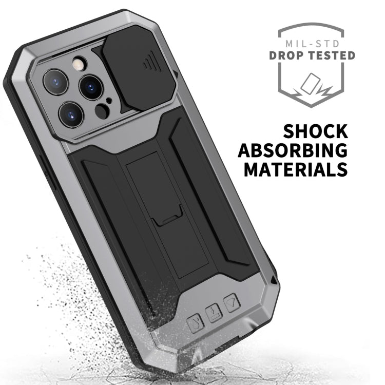 For iPhone 13 Pro Max R-JUST Sliding Camera Shockproof Life Water-resistant Dust-proof Metal + Silicone Protective Case with Holder (Silver)