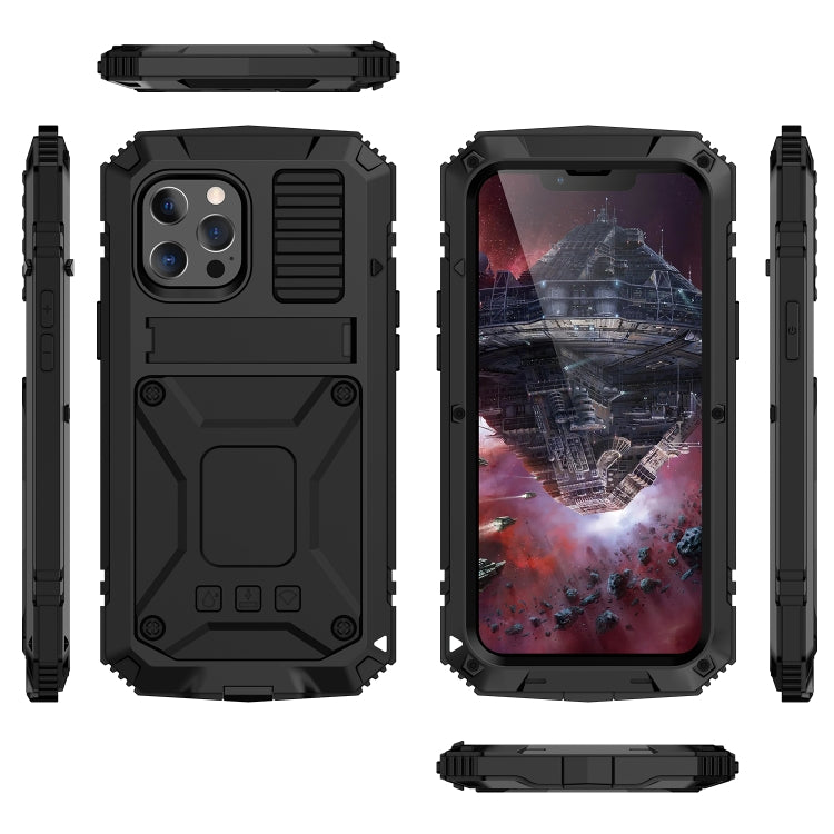 For iPhone 13 mini R-JUST Shockproof Water-resistant Dust-proof Metal + Silicone Protective Case with Holder (Black)