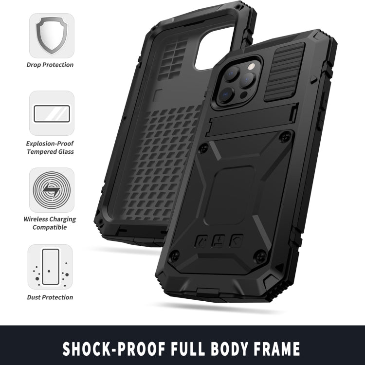 For iPhone 13 mini R-JUST Shockproof Water-resistant Dust-proof Metal + Silicone Protective Case with Holder (Black)