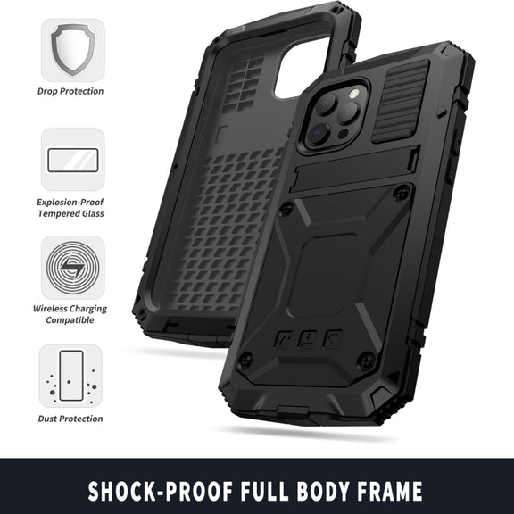 For iPhone 13 mini R-JUST Shockproof Water-resistant Dust-proof Metal + Silicone Protective Case with Holder (Black)