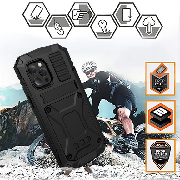 For iPhone 13 mini R-JUST Shockproof Water-resistant Dust-proof Metal + Silicone Protective Case with Holder (Black)