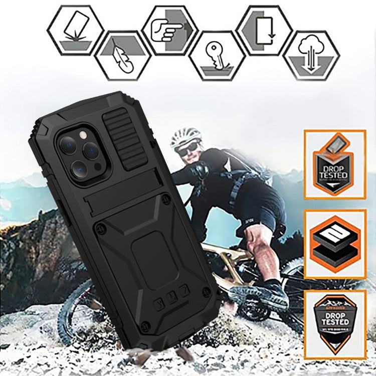 For iPhone 13 mini R-JUST Shockproof Water-resistant Dust-proof Metal + Silicone Protective Case with Holder (Black)