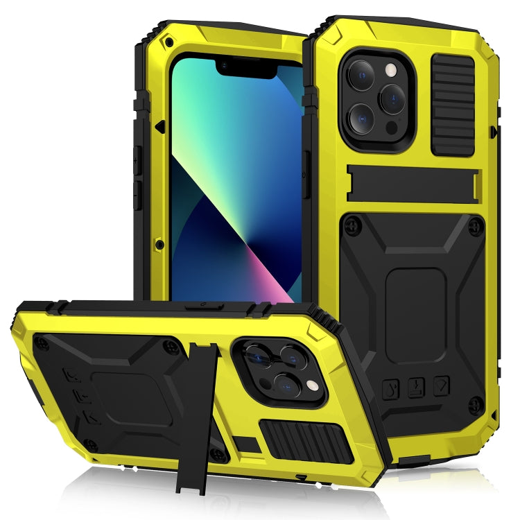 For iPhone 13 mini R-JUST Shockproof Water-resistant Dust-proof Metal + Silicone Protective Case with Holder (Yellow)