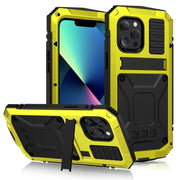 For iPhone 13 mini R-JUST Shockproof Water-resistant Dust-proof Metal + Silicone Protective Case with Holder (Yellow)