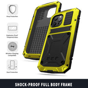 For iPhone 13 mini R-JUST Shockproof Water-resistant Dust-proof Metal + Silicone Protective Case with Holder (Yellow)