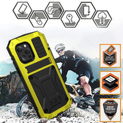 For iPhone 13 mini R-JUST Shockproof Water-resistant Dust-proof Metal + Silicone Protective Case with Holder (Yellow)