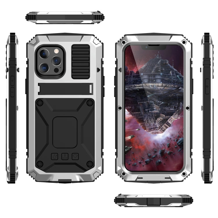 For iPhone 13 mini R-JUST Shockproof Water-resistant Dust-proof Metal + Silicone Protective Case with Holder (Silver)