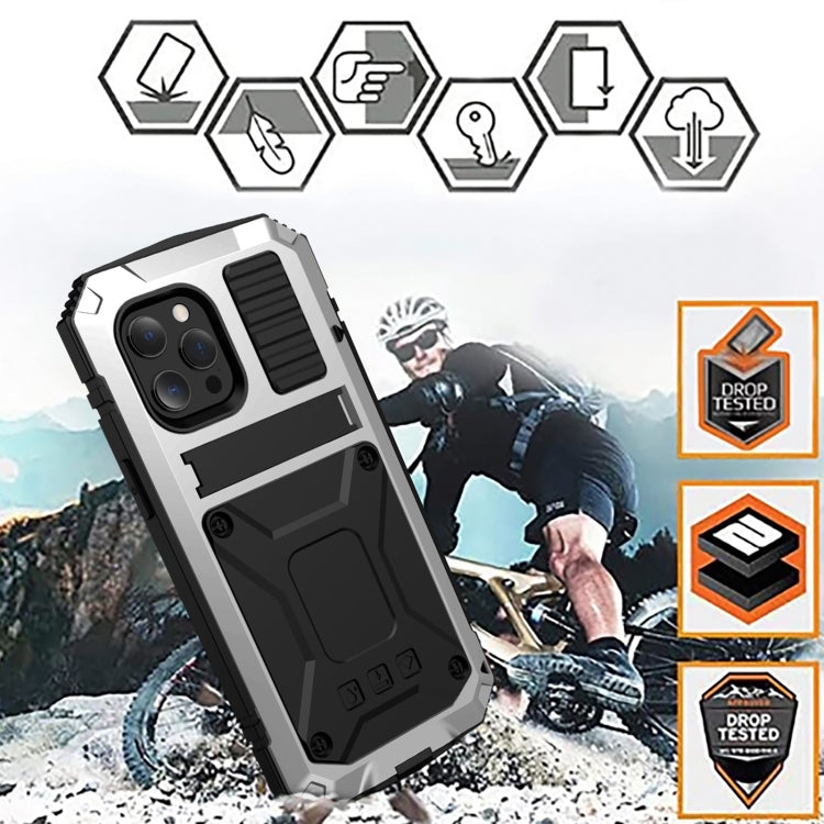 For iPhone 13 mini R-JUST Shockproof Water-resistant Dust-proof Metal + Silicone Protective Case with Holder (Silver)